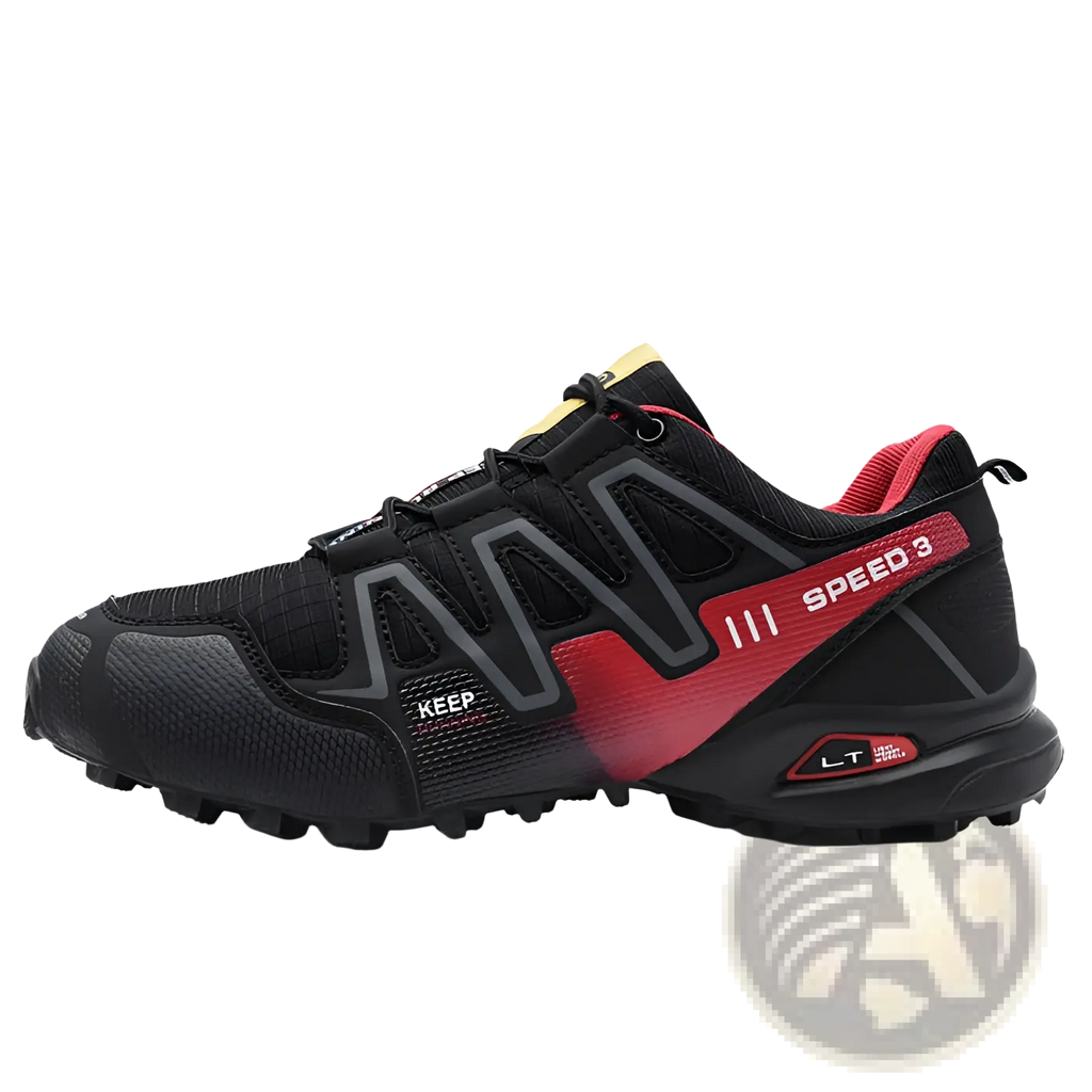 Men’s trail running shoes breathable mesh sneakers in black and red with textured mesh upper and rubber outsole