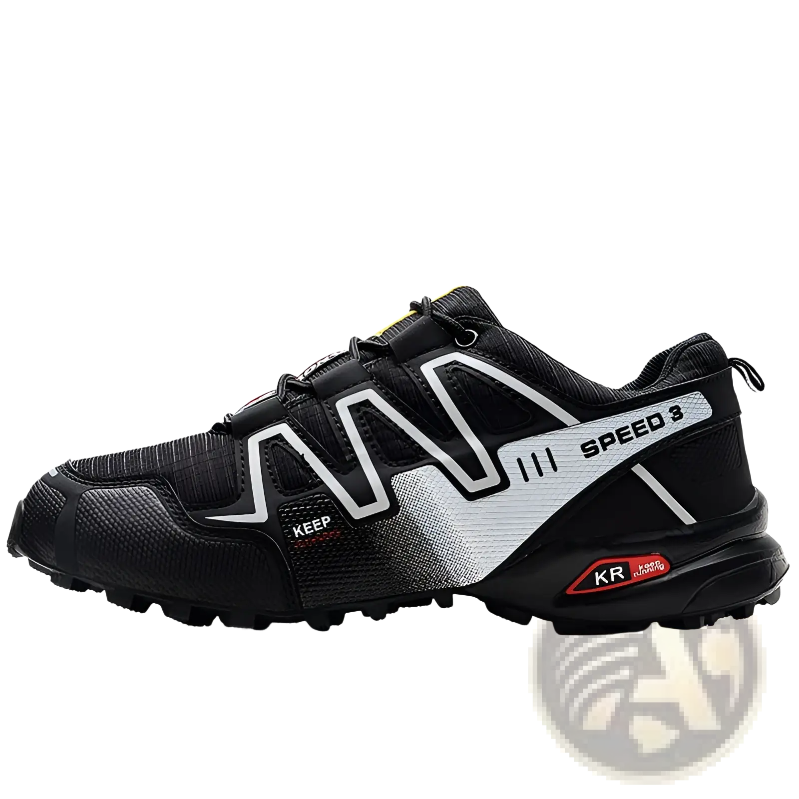 Men’s trail running shoes breathable mesh sneakers in black and white with textured mesh upper and red heel accents