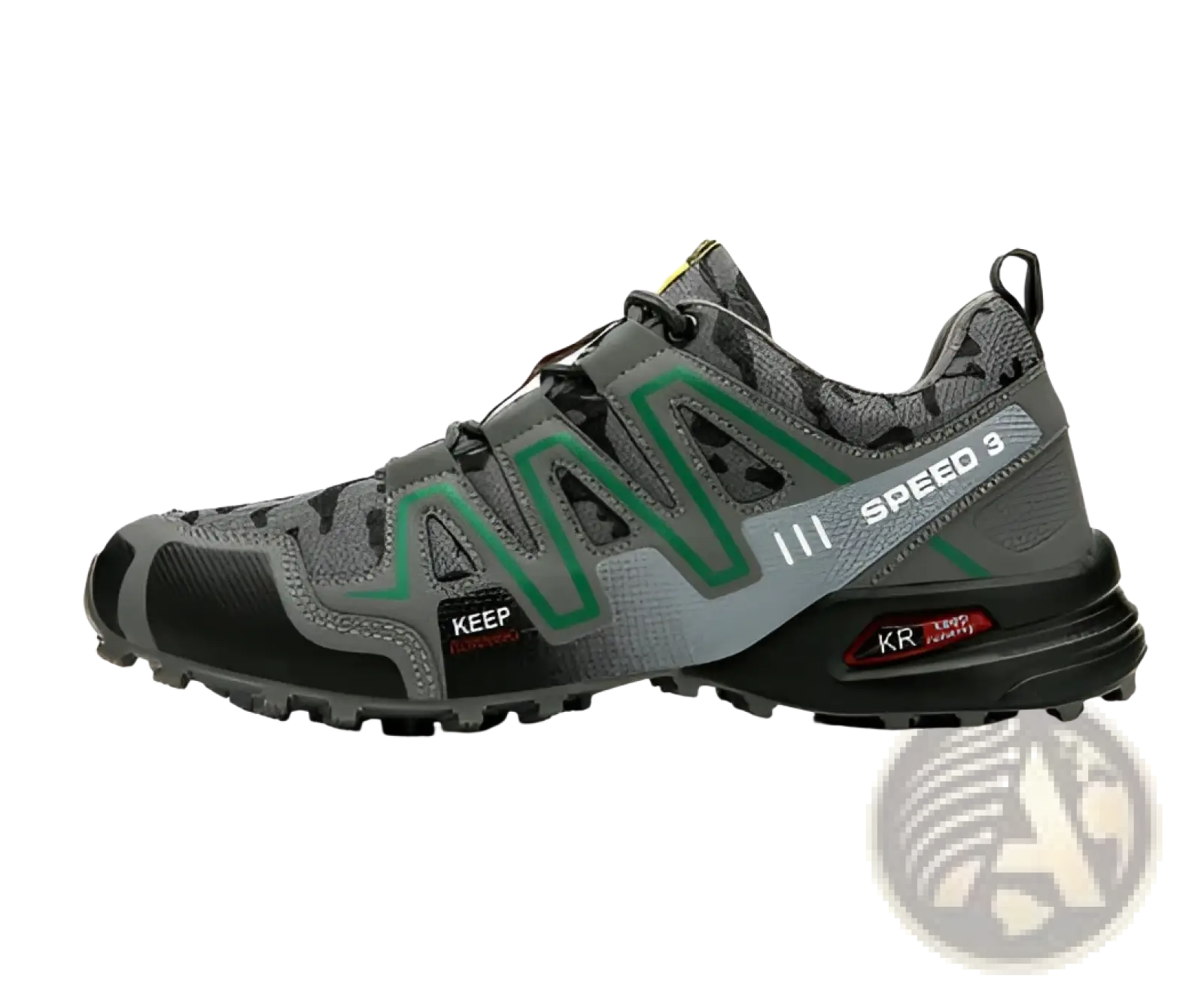 Men’s trail running shoes in gray and green with breathable mesh upper and black rubber outsole featuring speed 3 branding