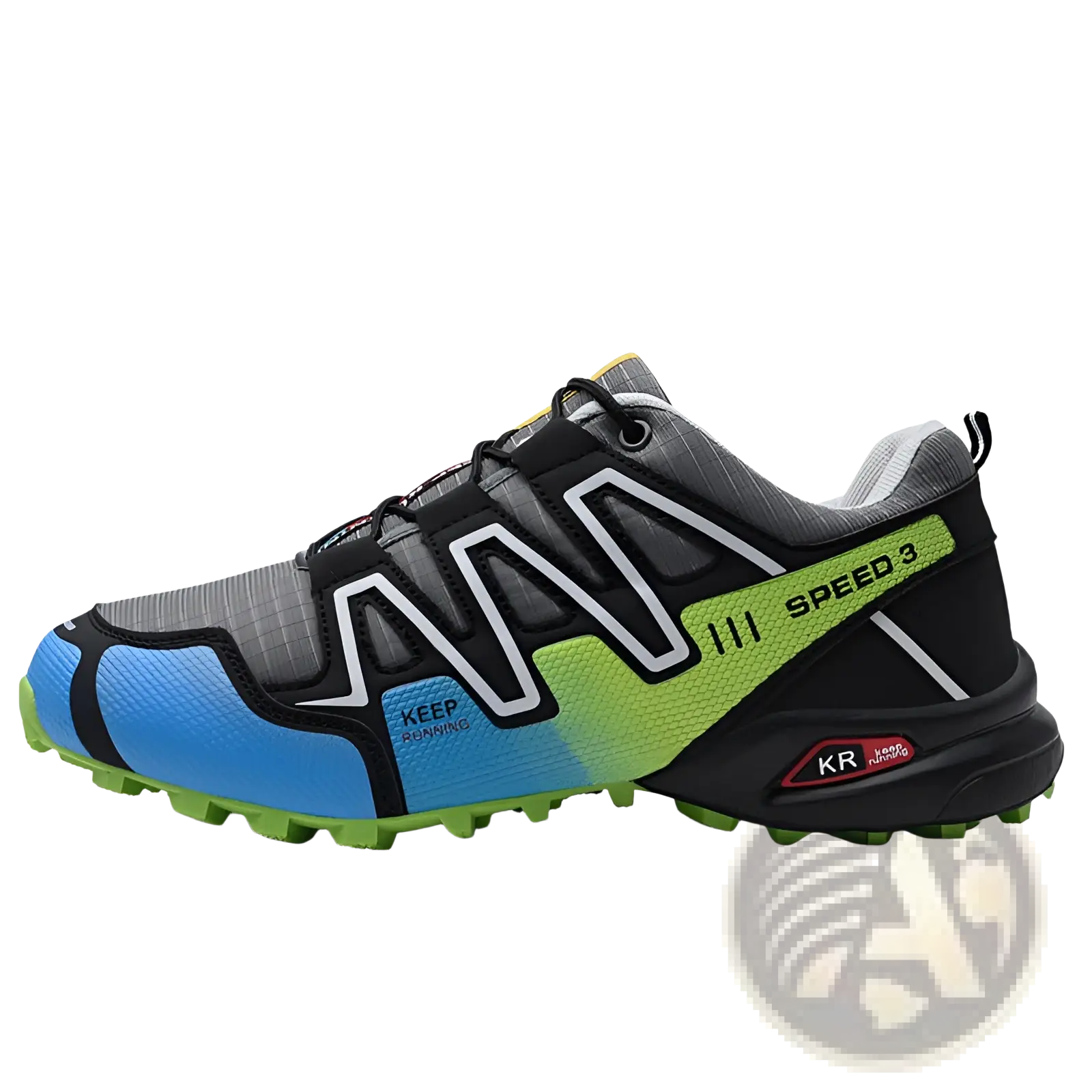 Men’s trail running shoes with breathable mesh upper in vibrant blue lime green and black featuring a rugged outsole