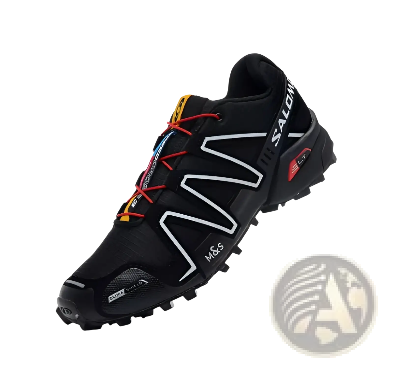 Black salomon men’s trail running shoe with breathable mesh, white logo, red and yellow laces, and rugged outsole