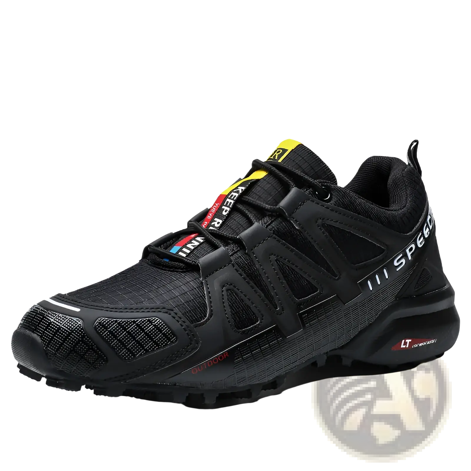 Men’s trail running shoes plus size black with yellow red and blue accents designed for outdoor use