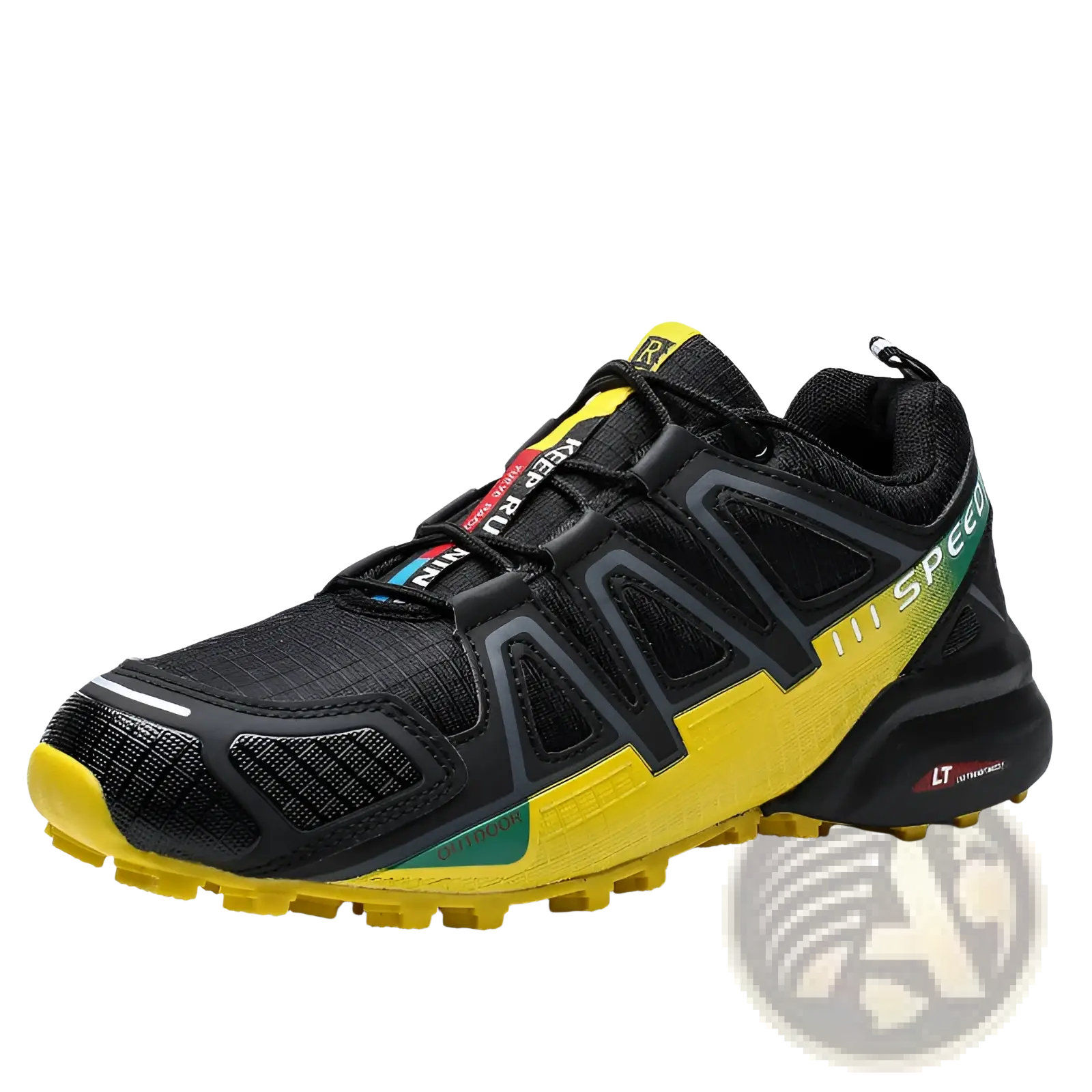 Men’s trail running shoes plus size in black and yellow with breathable mesh and rugged design for outdoor use
