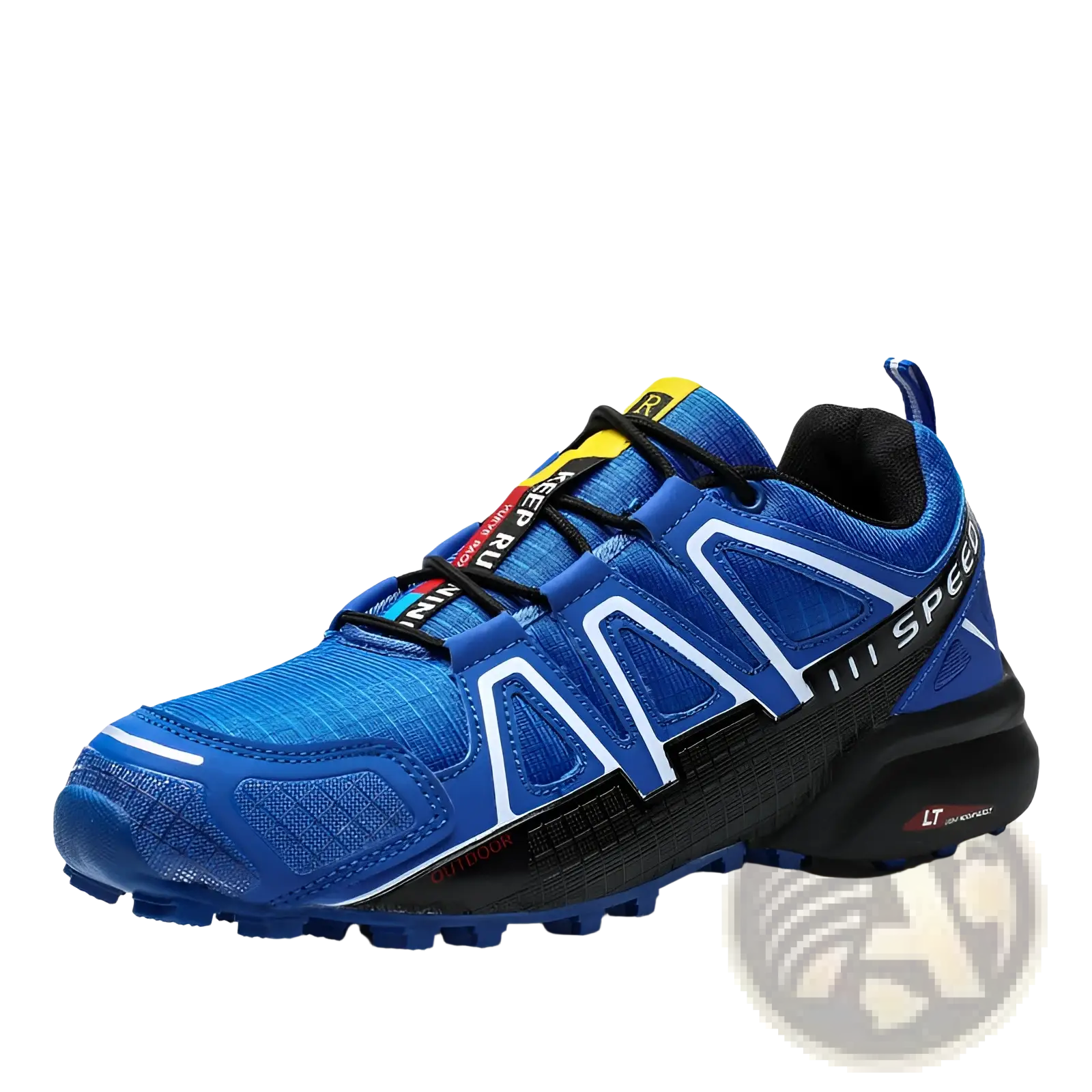 Men’s trail running shoes plus size blue Salomon Speedcross 3 with black white accents rugged outsole breathable mesh upper