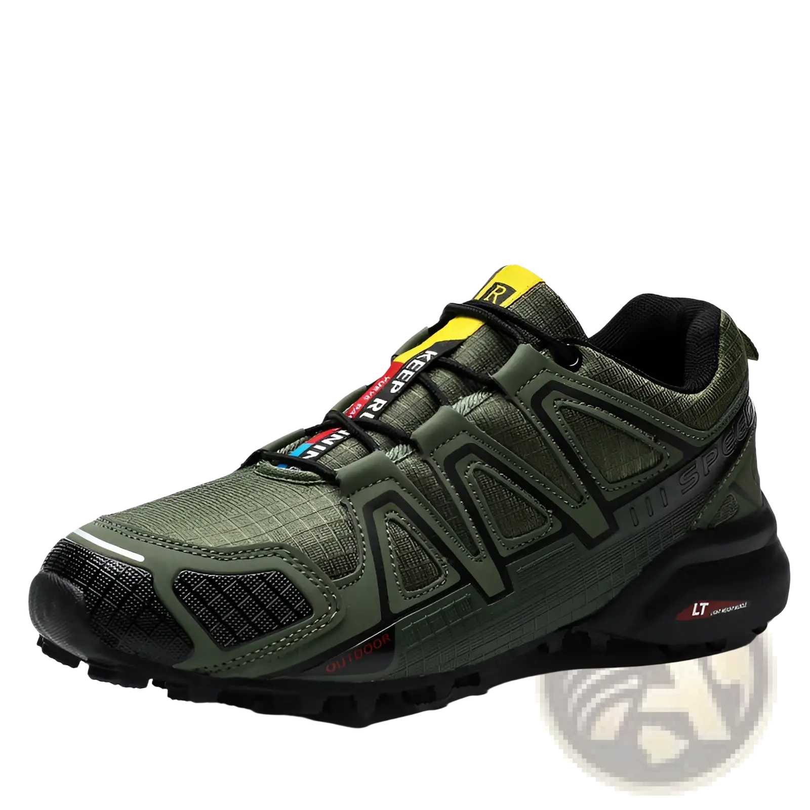 Men’s trail running shoes plus size outdoor sneakers in olive green with black accents yellow tongue tab and textured mesh upper