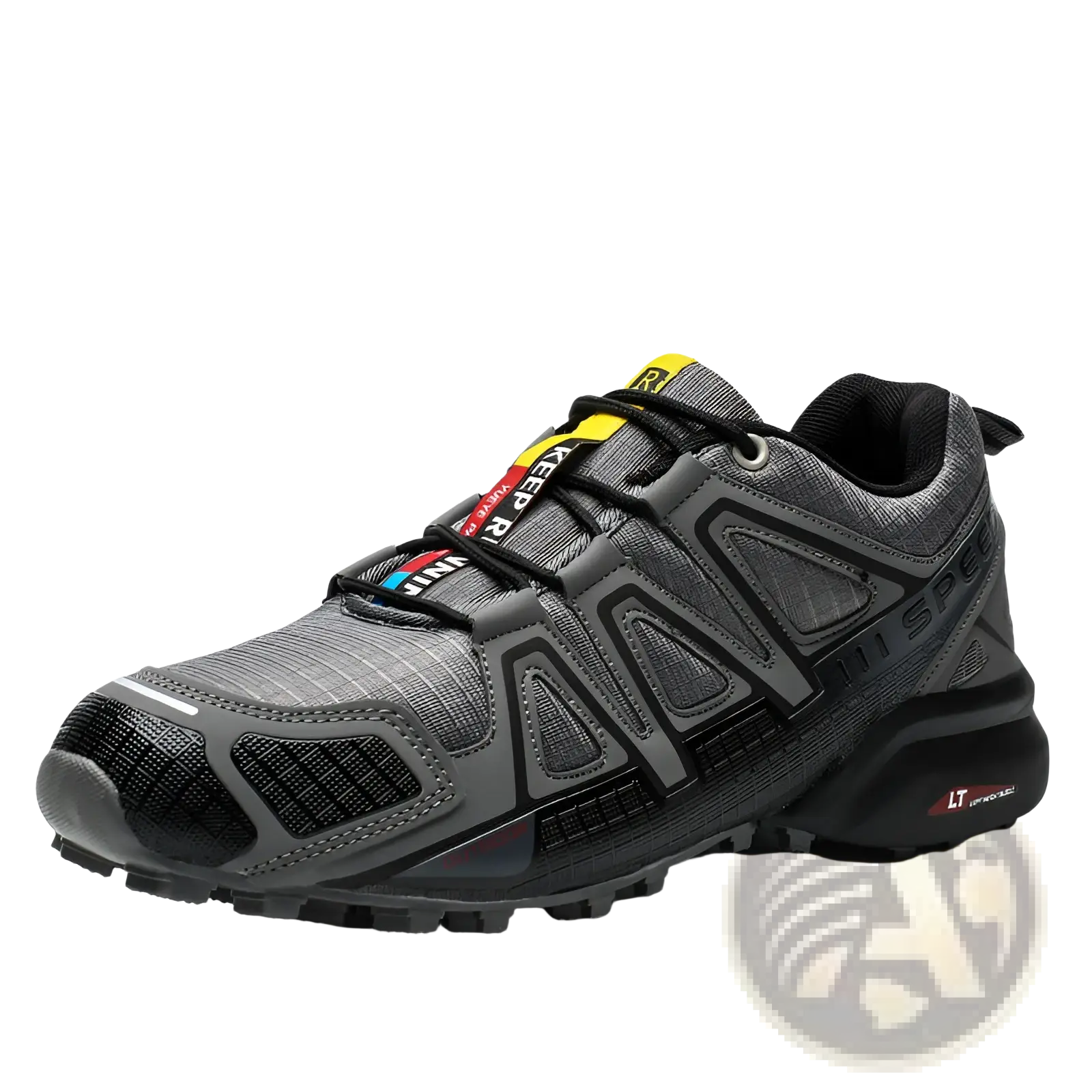 Men’s trail running shoes plus size outdoor sneakers in gray and black with textured upper and yellow lace accents