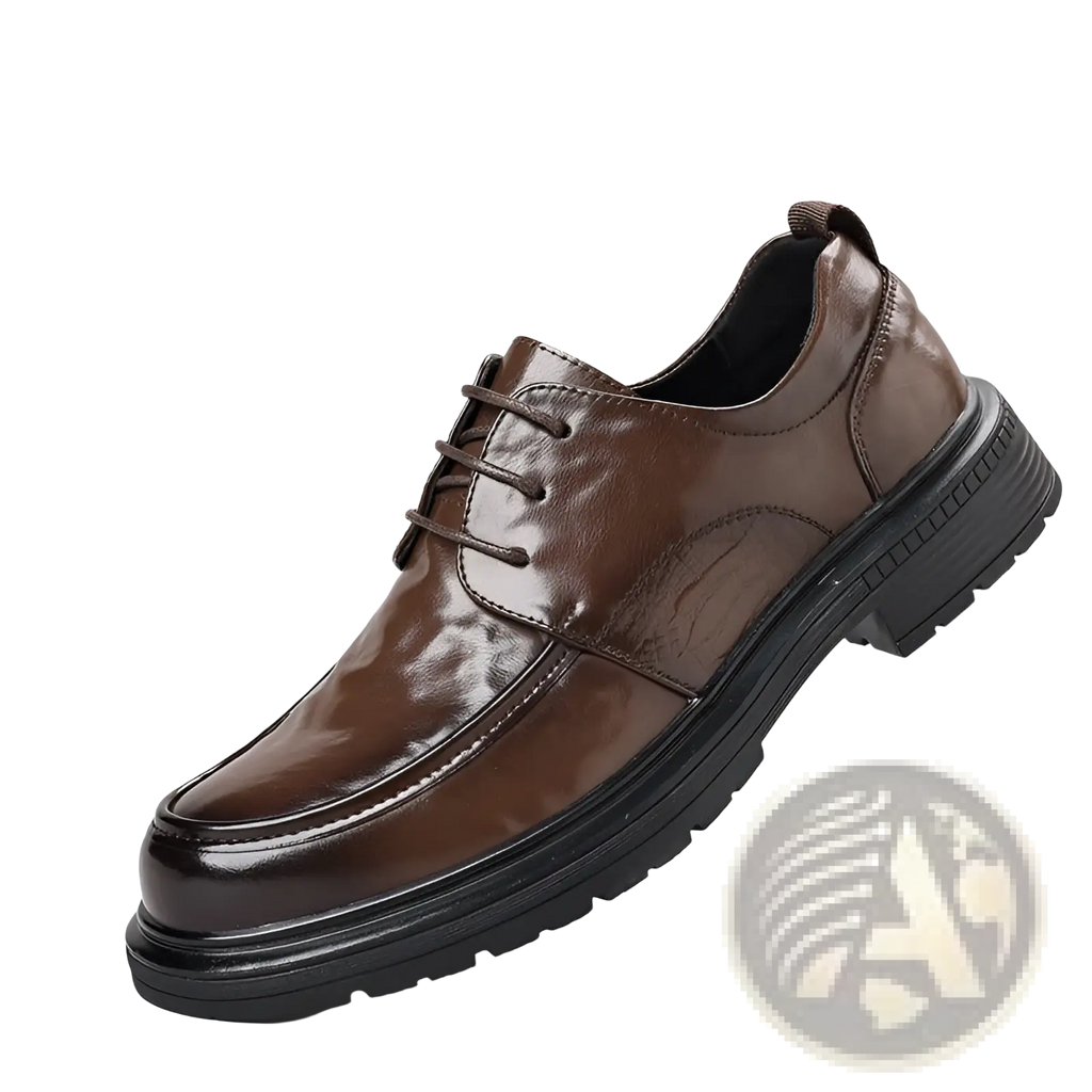 Men’s trendy chunky brown patent leather lace-up dress shoe with black rubber sole for casual wear