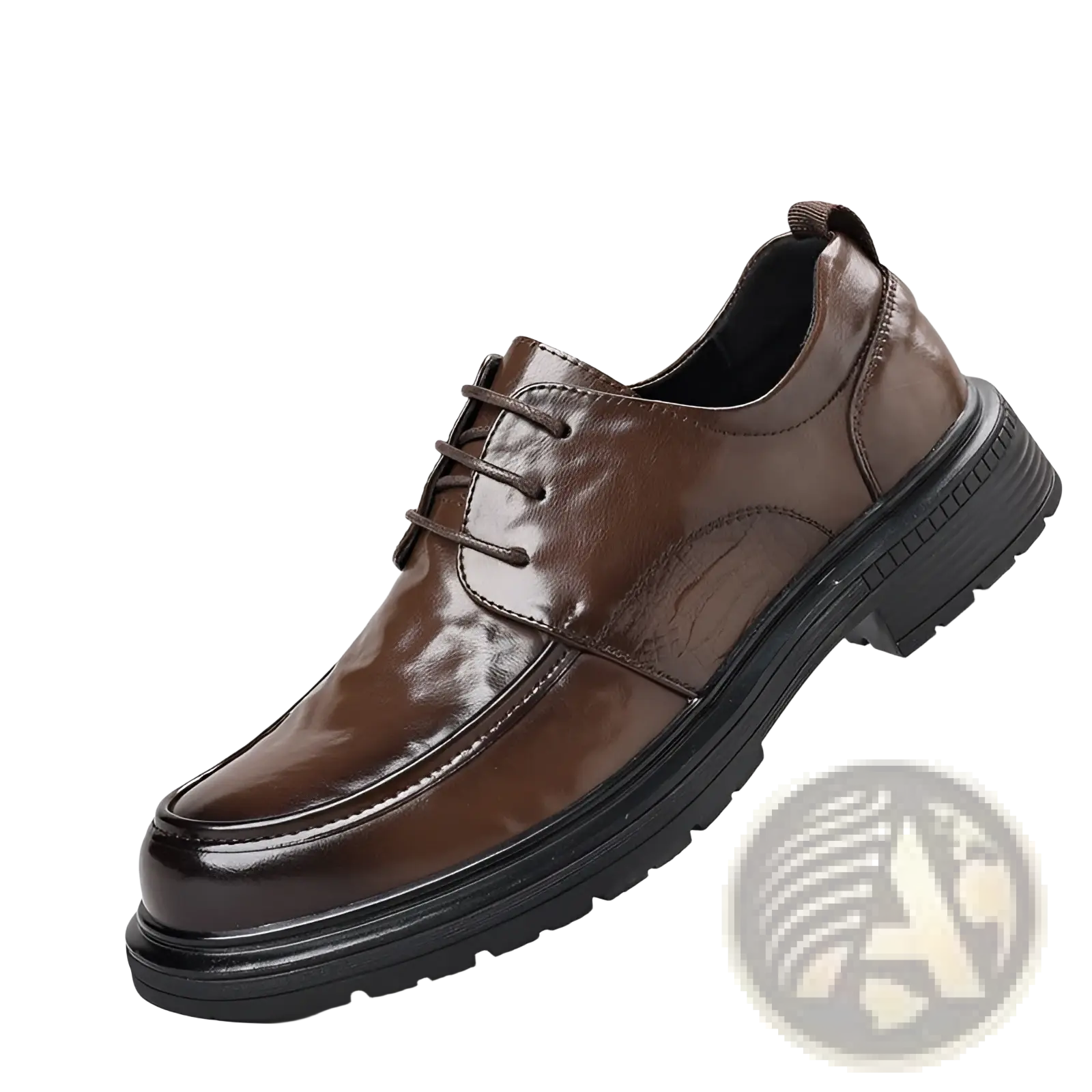 Men’s trendy chunky brown patent leather lace-up dress shoe with black rubber sole for casual wear
