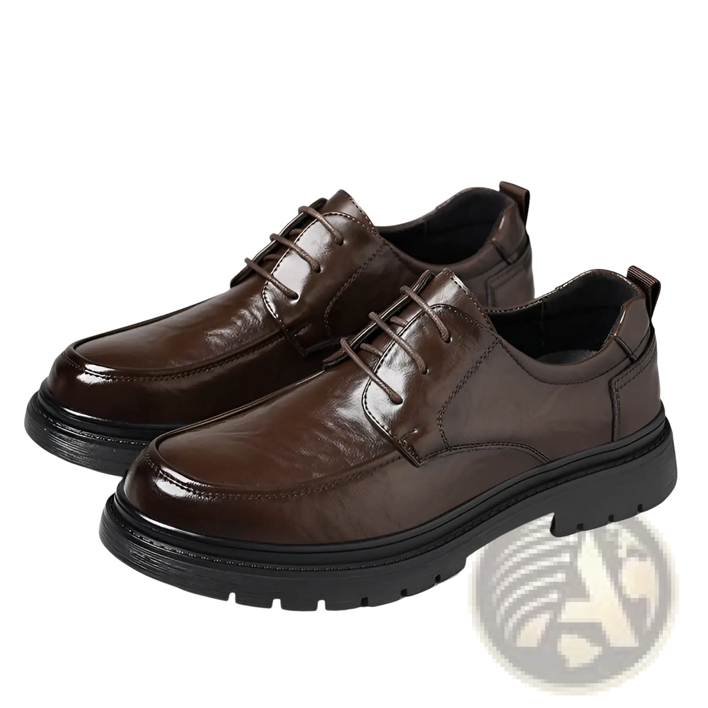Men’s trendy chunky brown leather lace-up dress shoes with a black rubber sole for casual wear