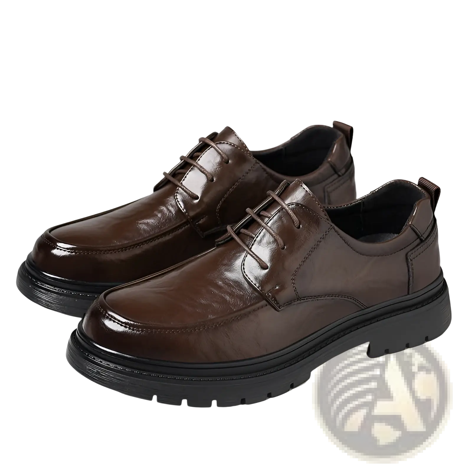 Men’s trendy chunky brown leather lace-up dress shoes with a black rubber sole for casual wear