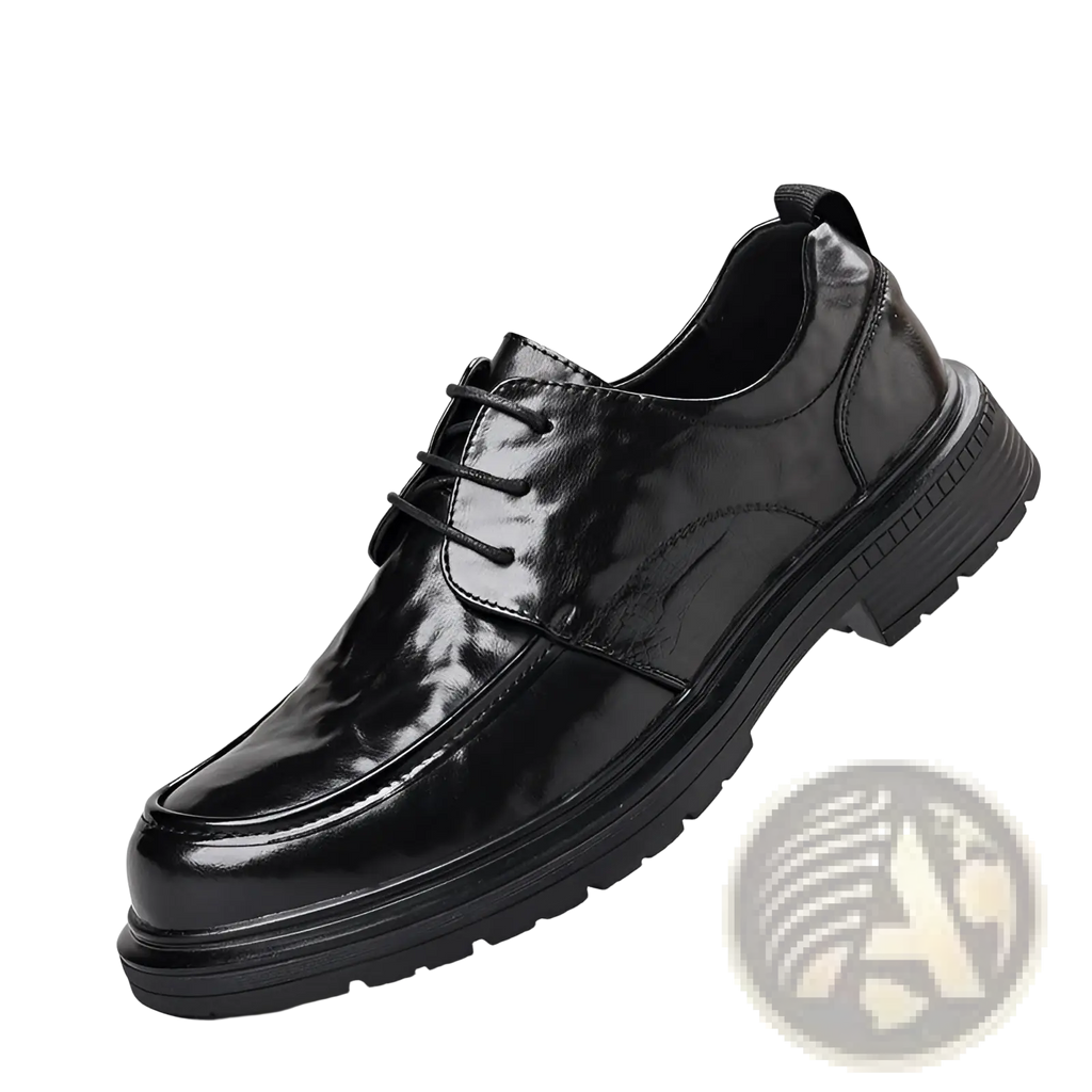 Men’s trendy chunky leather elevating casual shoe in black patent leather with lace-up design and rubber sole
