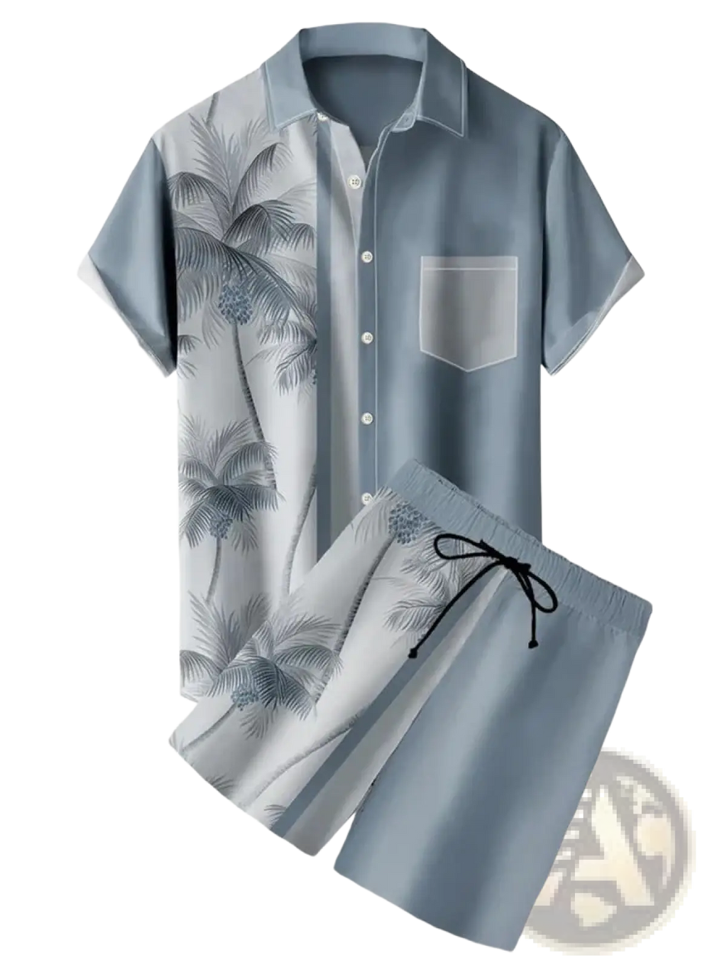 Men’s tropical print short sleeve shirt and shorts set in light blue and white palm tree pattern for casual wear
