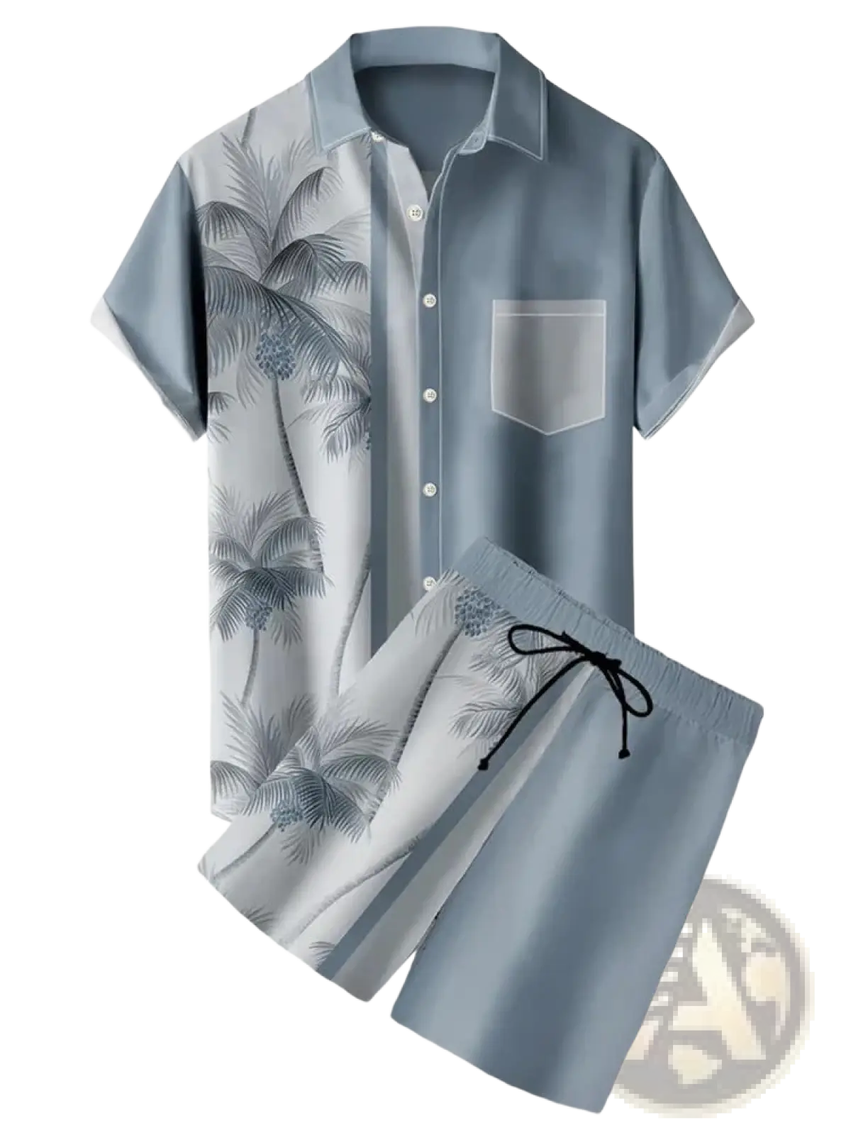 Men’s tropical print short sleeve shirt and shorts set in light blue and white palm tree pattern for casual wear