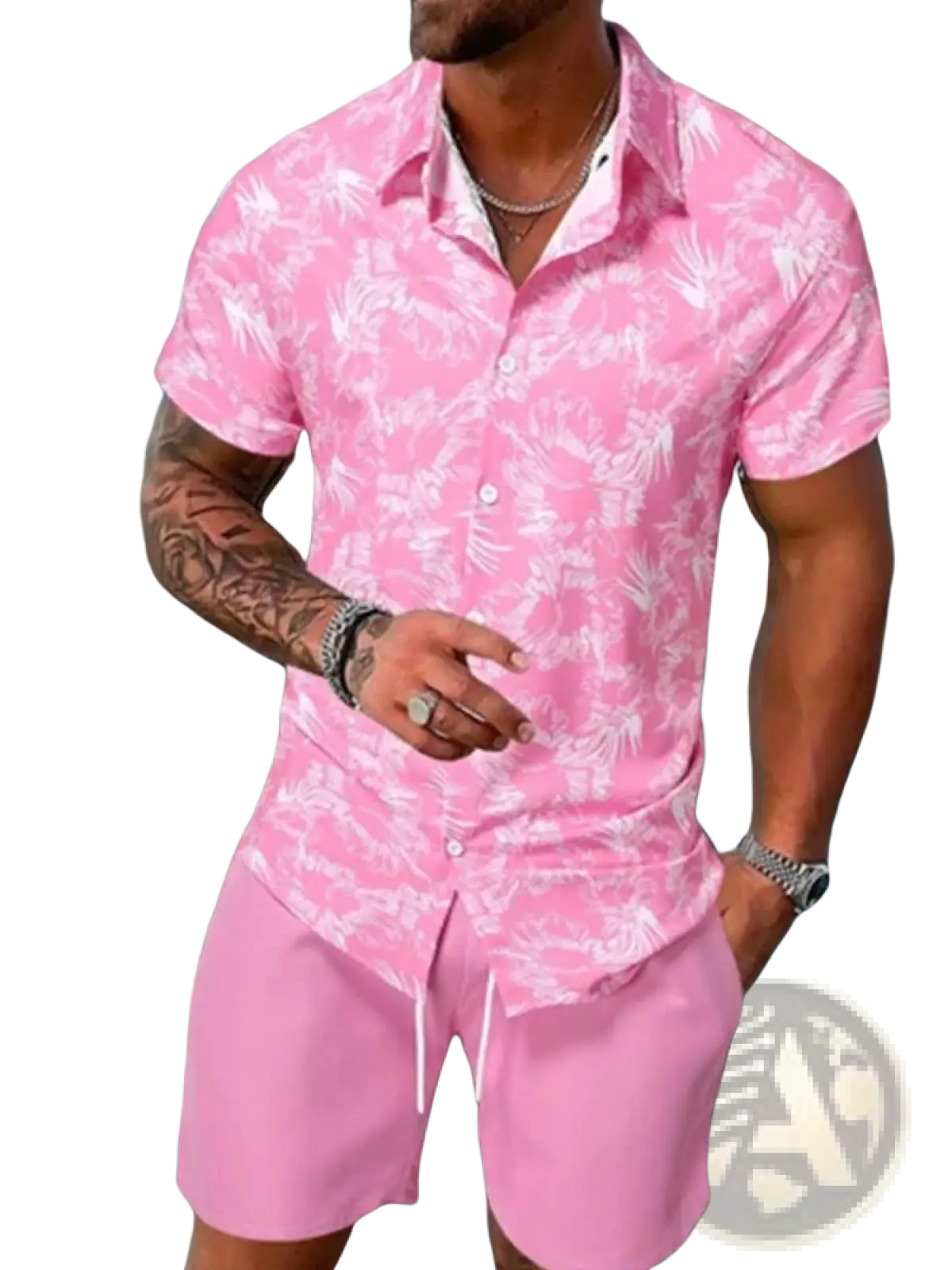 Men’s tropical print short sleeve shirt in pink with white leaf pattern button-up design for casual summer wear
