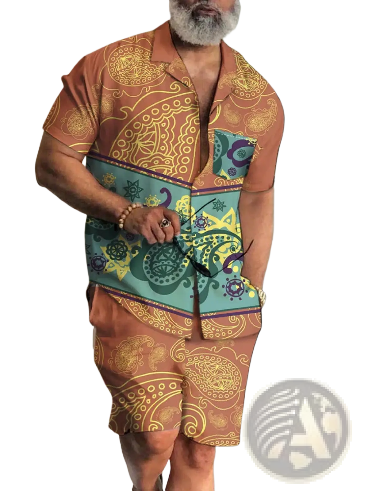 A man wearing a brown and teal paisley patterned men’s tropical print short sleeve shirt and shorts set