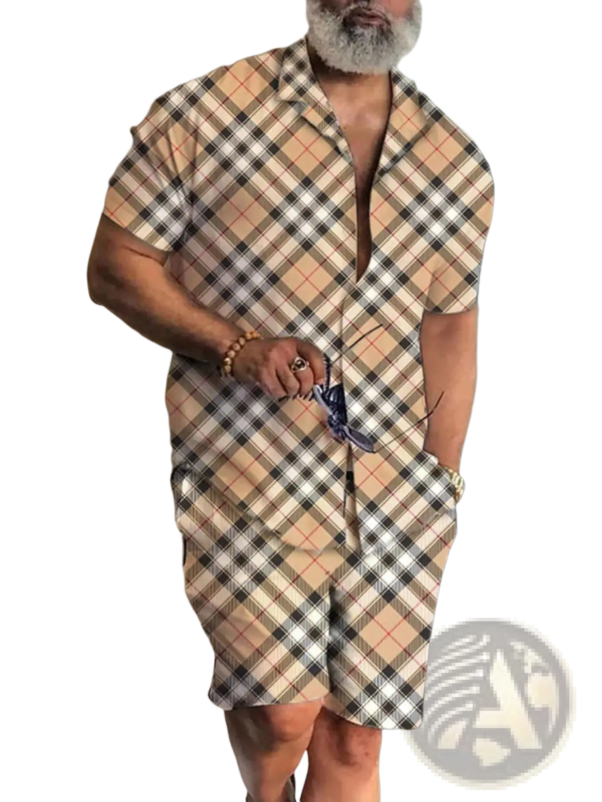 Men’s tropical print short sleeve shirt and shorts set featuring a beige black and red plaid short-sleeved shirt dress with collar