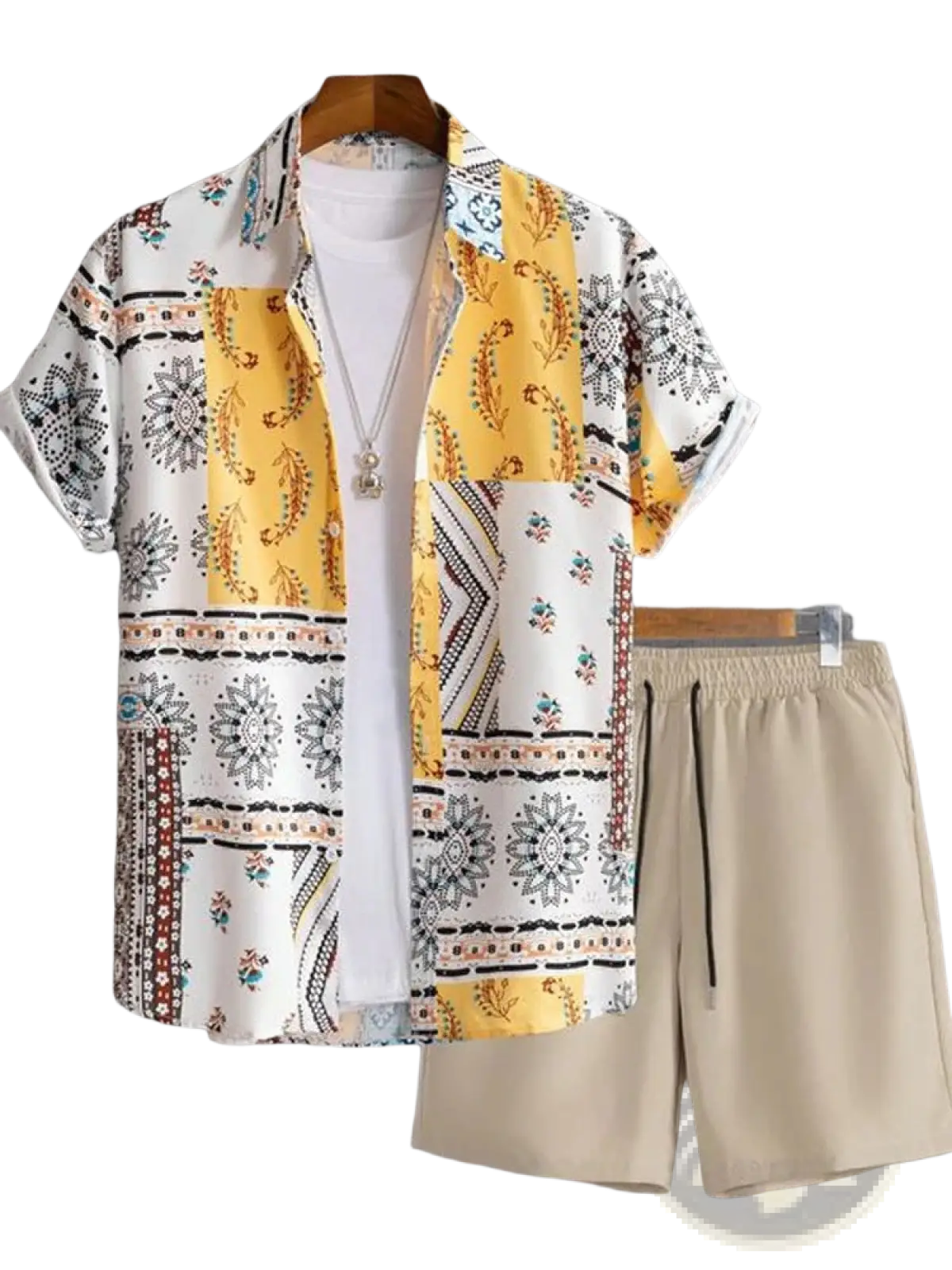 Men’s tropical print short sleeve shirt and shorts set featuring a vibrant patchwork floral and geometric design in white yellow and black