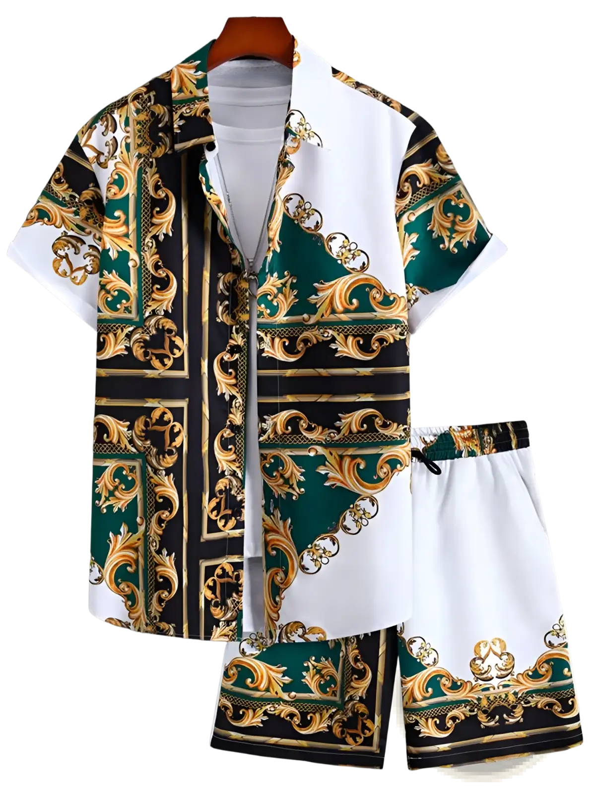Men’s tropical print short sleeve shirt and shorts set in vibrant green and gold ornate pattern with white collar