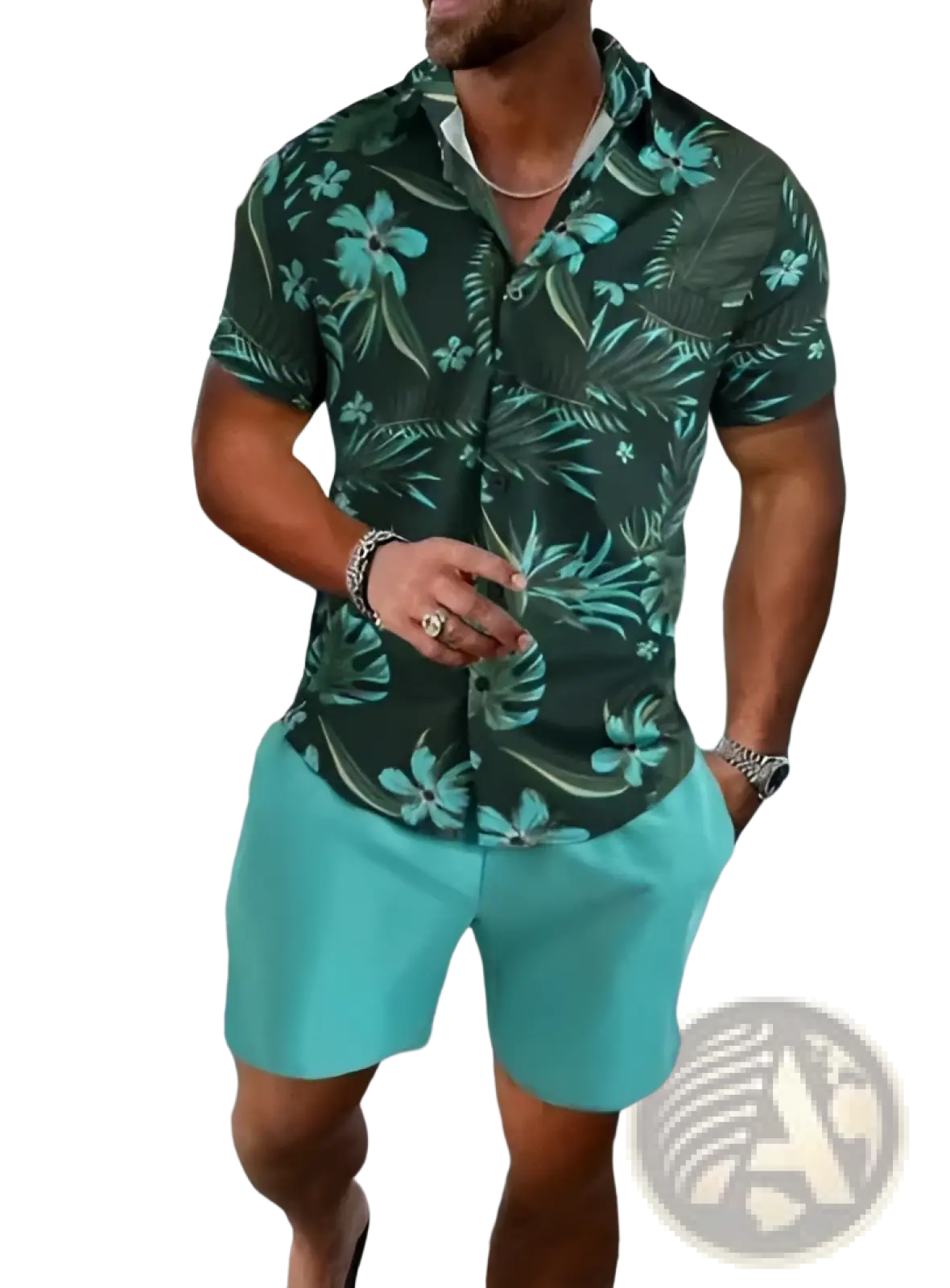 Men’s tropical print short sleeve shirt in dark green with turquoise floral and leaf patterns for casual wear