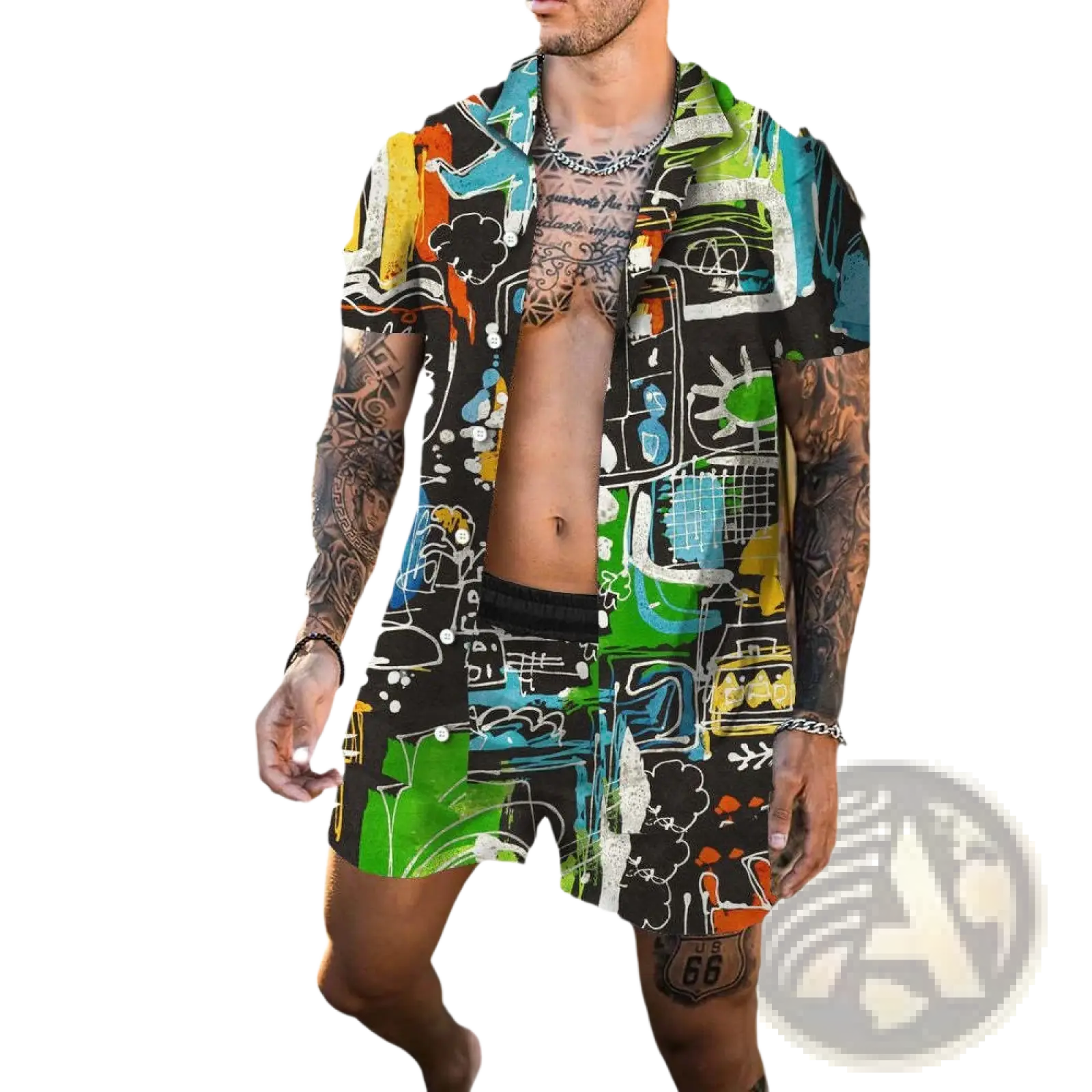 Men’s tropical print short sleeve shirt and shorts set featuring a vibrant long-sleeved black shirt with colorful graffiti print