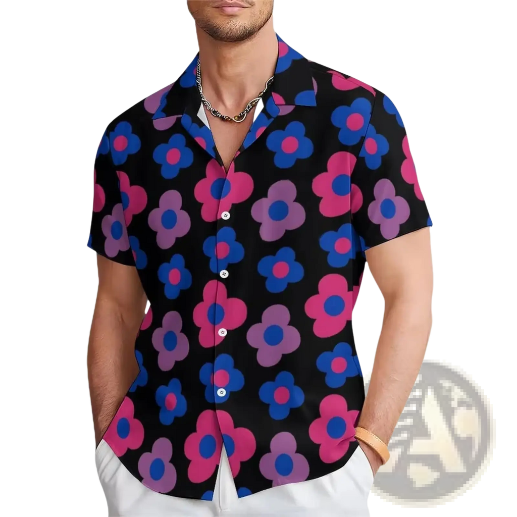 Men’s tropical surfing Bigfoot short sleeve Hawaiian shirt black with vibrant pink purple and blue stylized flowers pattern
