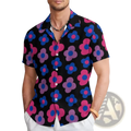 Men’s tropical surfing Bigfoot short sleeve Hawaiian shirt black with vibrant pink purple and blue stylized flowers pattern