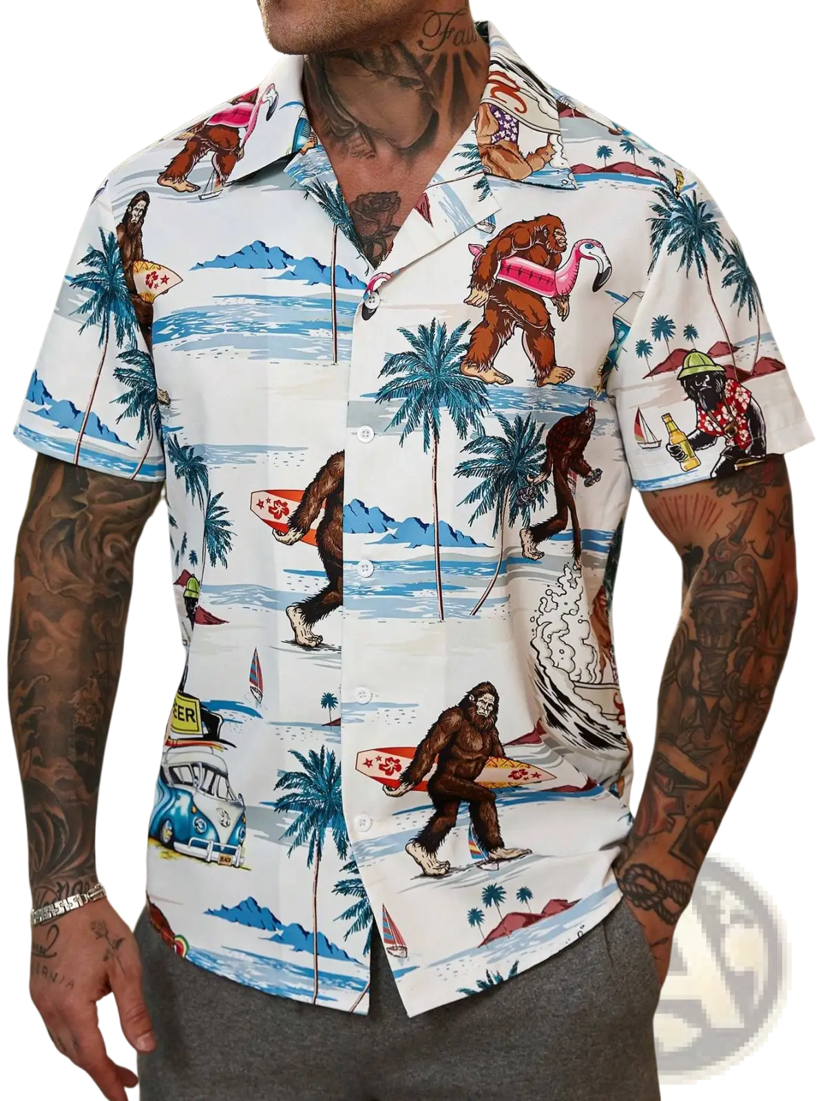 White short-sleeved button-up shirt with vibrant tropical bigfoot surfing print palm trees and blue ocean waves