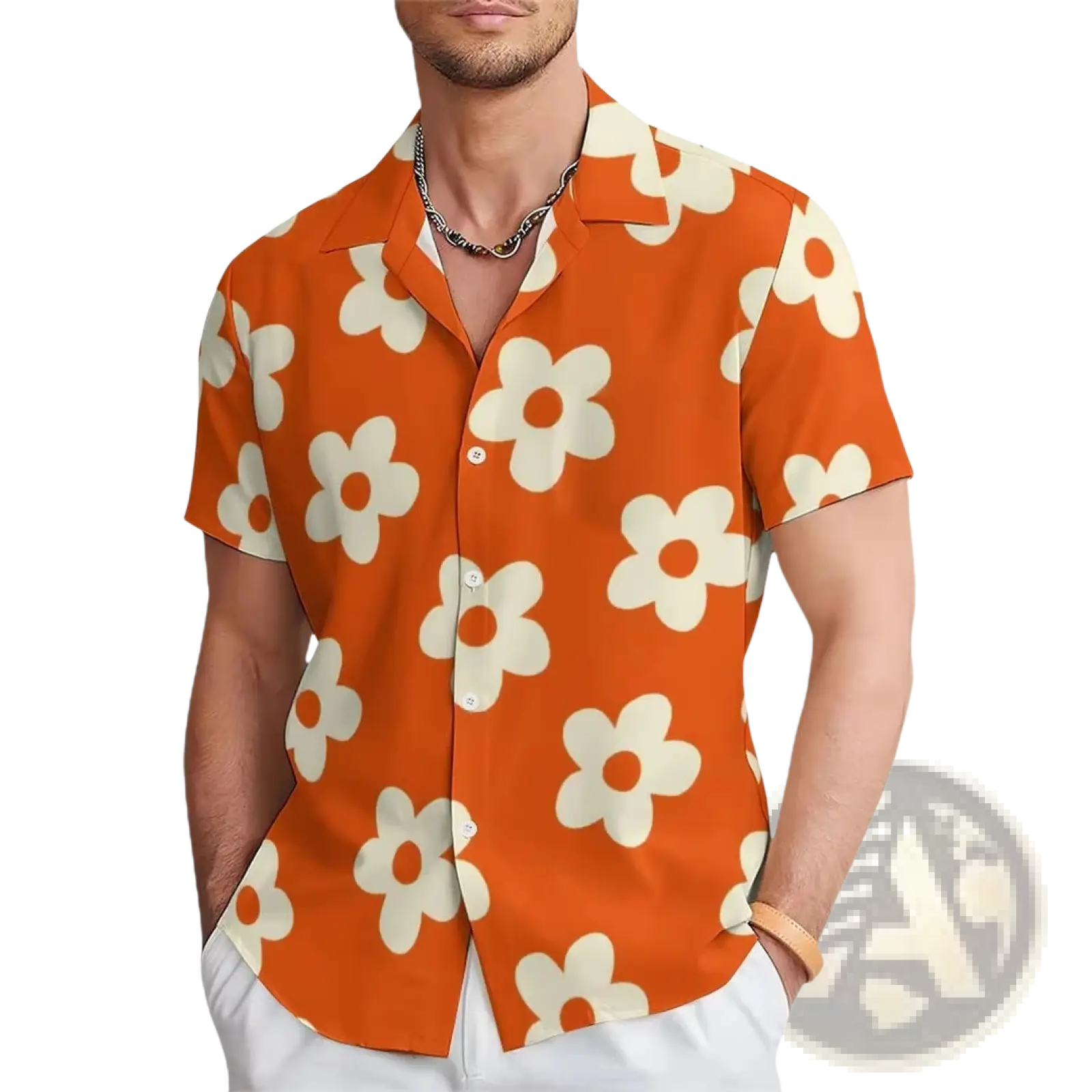 Men’s tropical surfing bigfoot short sleeve Hawaiian shirt in orange with white daisy pattern button-up design