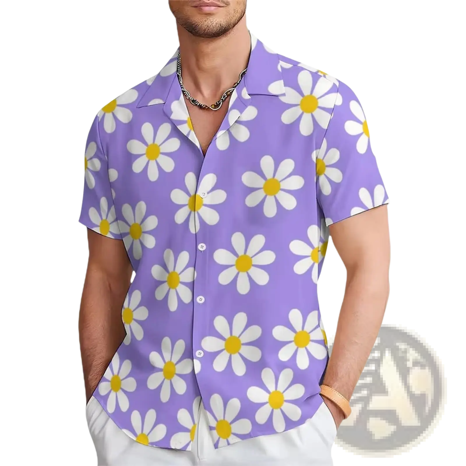 Men’s tropical surfing Bigfoot short sleeve Hawaiian shirt in purple with white daisy pattern and yellow centers