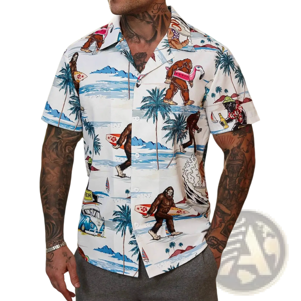 Men’s white short-sleeved Hawaiian shirt with vibrant cartoon bigfoot surfing and beach-themed print