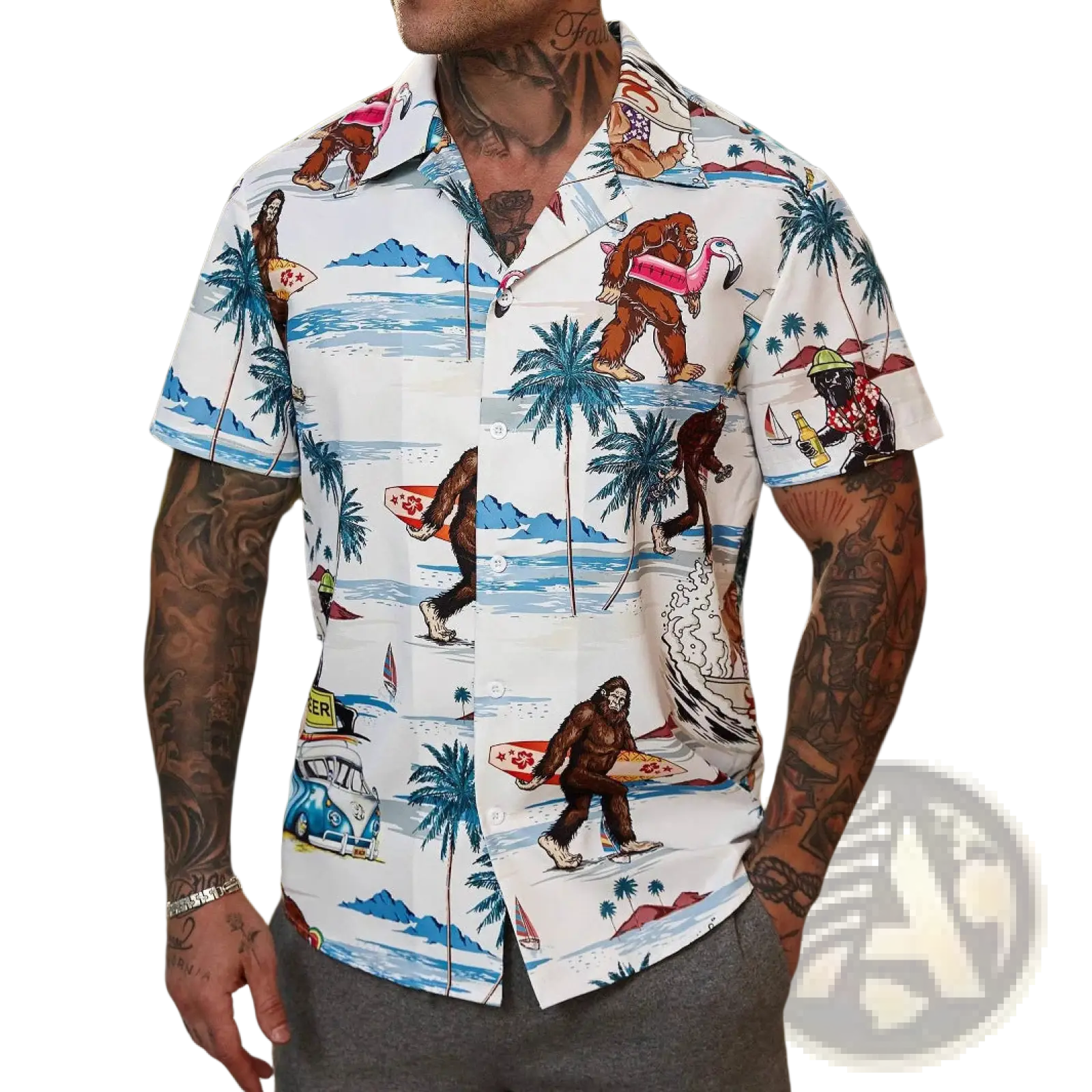 Men’s white short-sleeved Hawaiian shirt with vibrant cartoon bigfoot surfing and beach-themed print