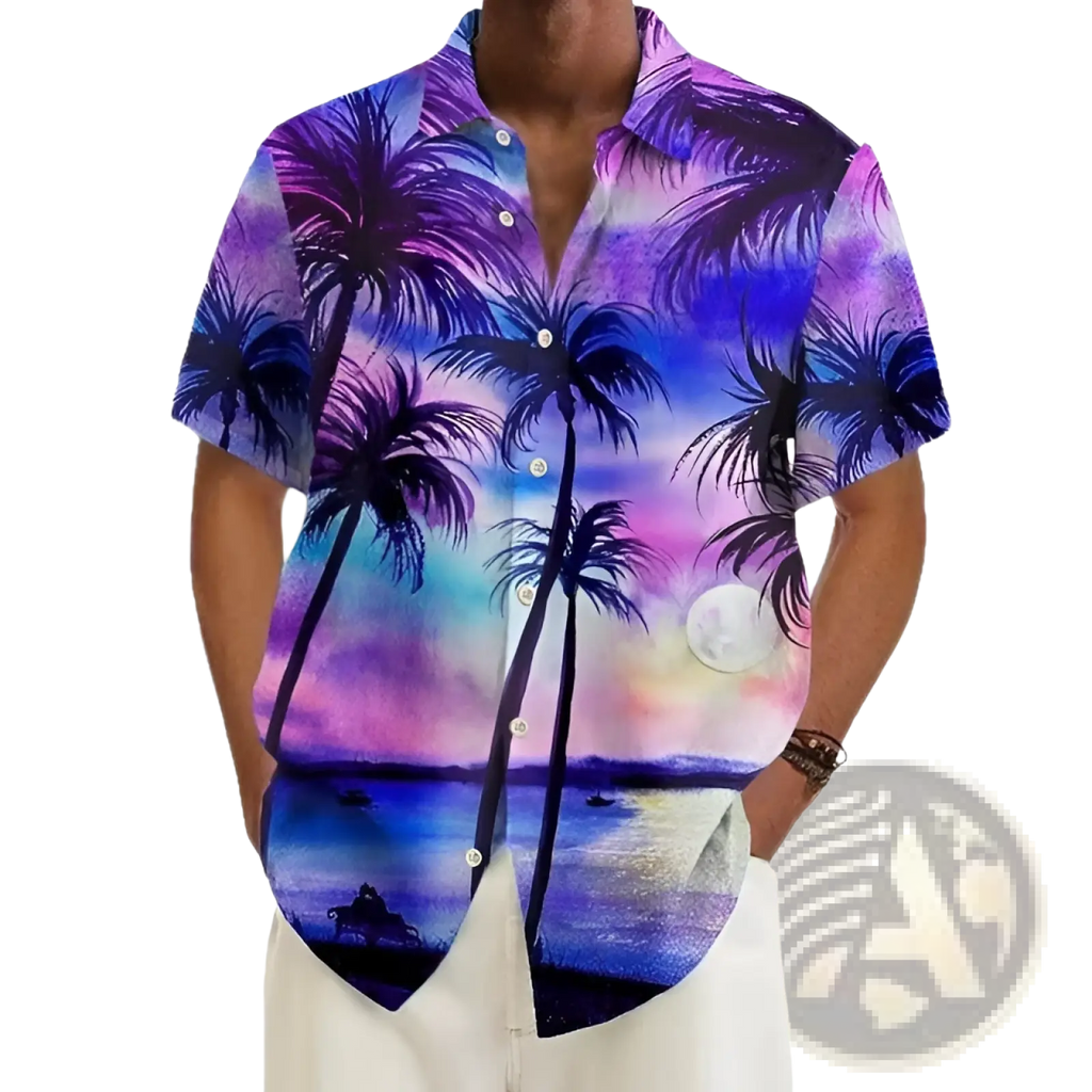 Men’s tropical surfing Bigfoot short sleeve Hawaiian shirt with vibrant purple blue pink sunset palm tree design