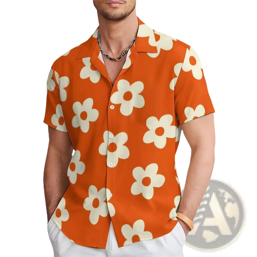 Men’s tropical surfing Bigfoot short sleeve Hawaiian shirt in orange with white daisy pattern for casual wear