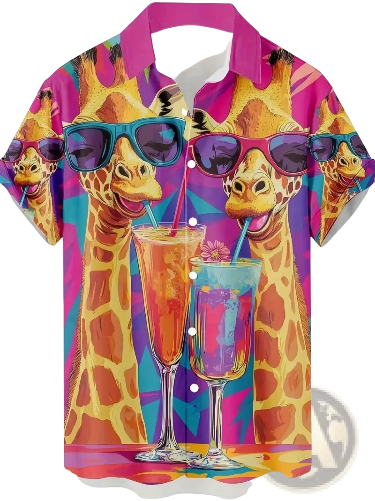 Men’s tropical surfing bigfoot short sleeve Hawaiian shirt in vibrant pink and purple with giraffes wearing sunglasses print