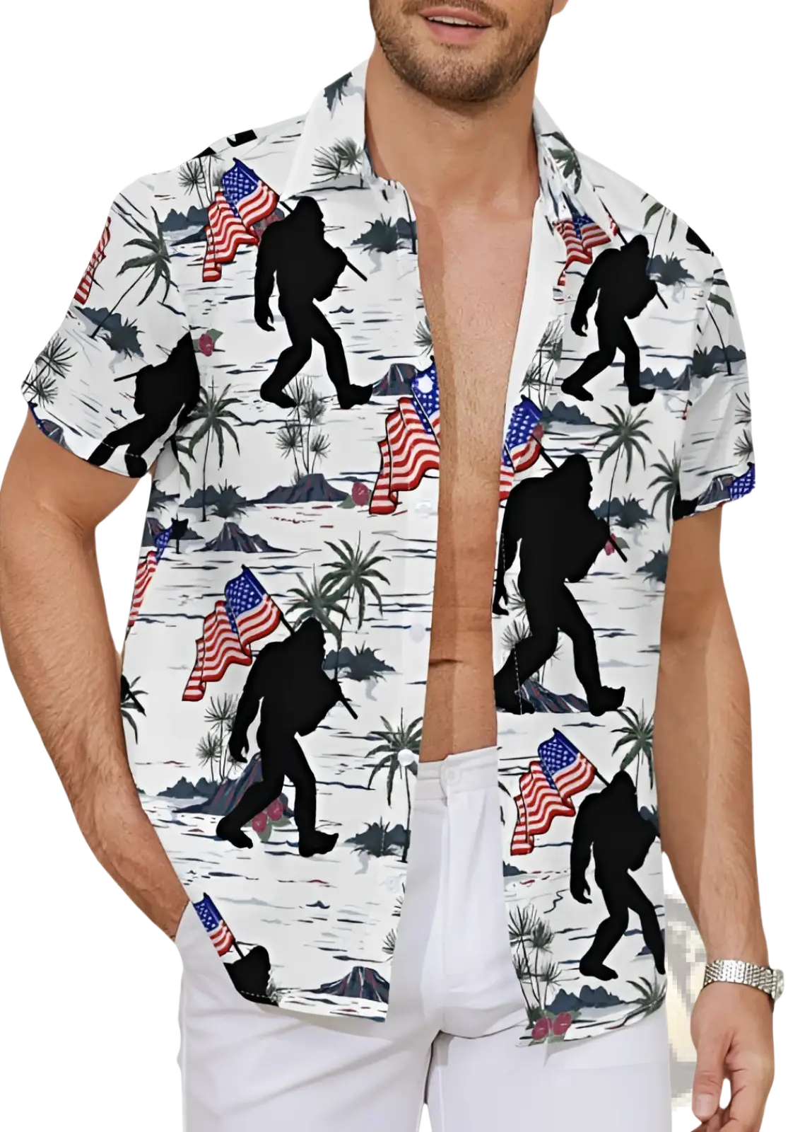 Men’s white short sleeve Hawaiian shirt with black bigfoot silhouettes carrying American flags amid palm trees and mountains