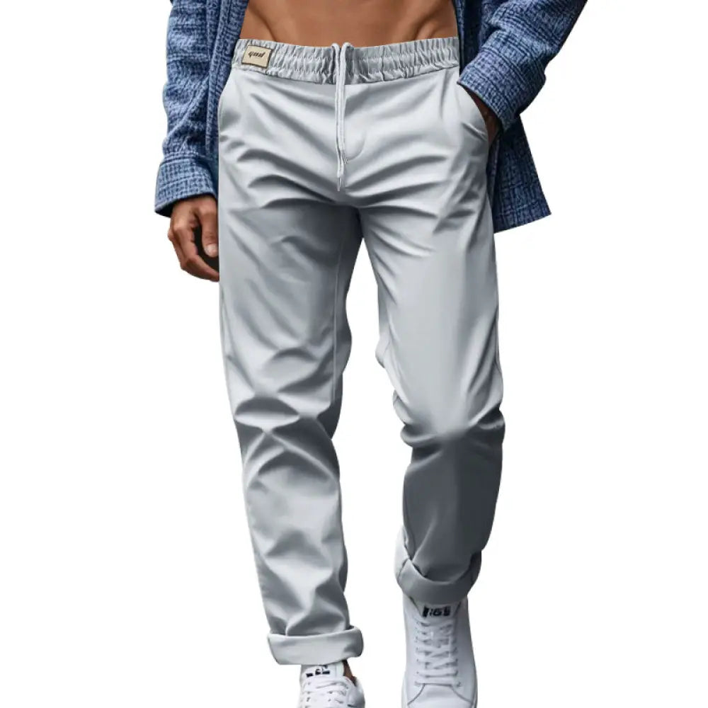 Men’s lightweight quick dry relaxed jogger pants in light gray slim-fit chino style with elastic waistband and drawstring