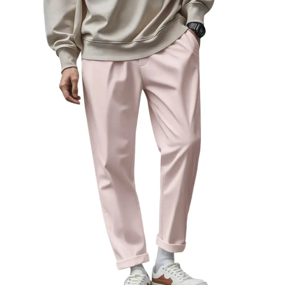 Men’s lightweight quick dry relaxed jogger pants in light pink slim-fit chino style with subtle sheen and rolled cuffs