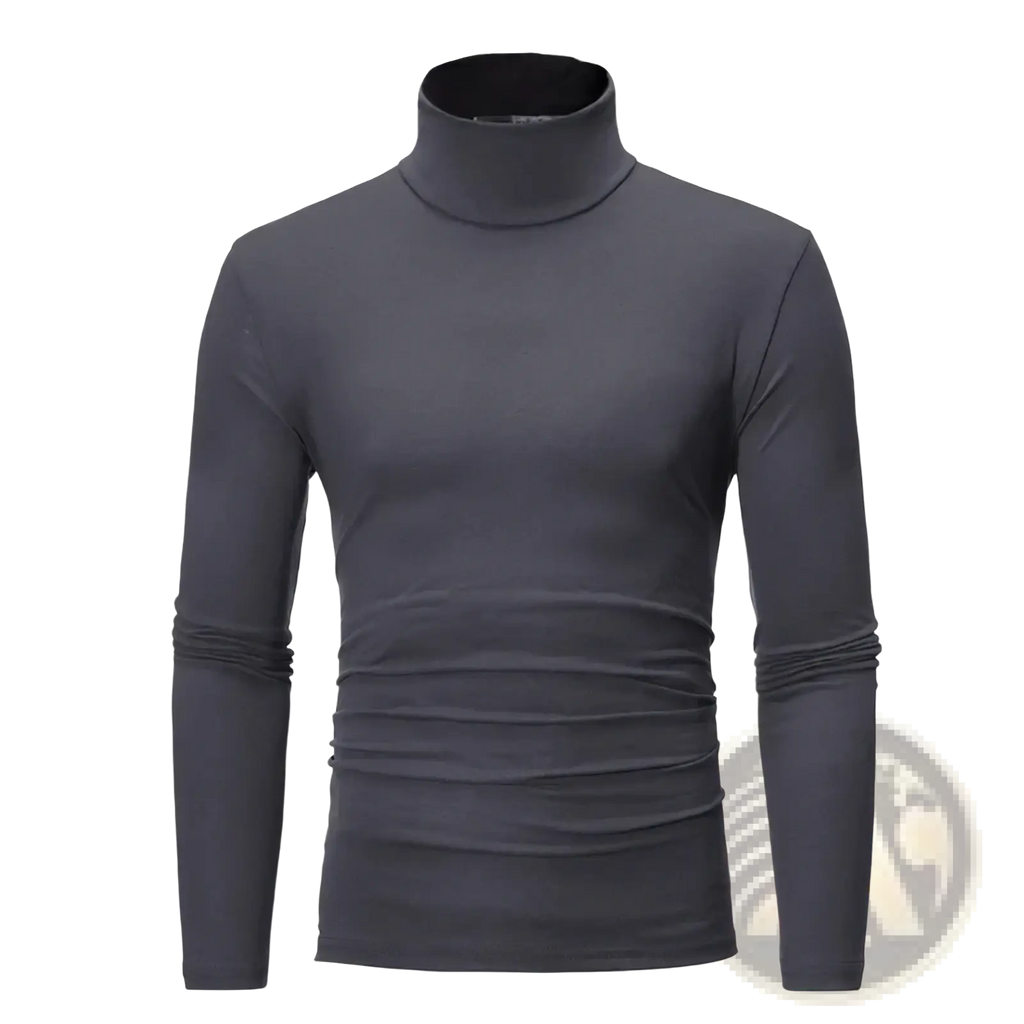 Dark gray slim fit men’s turtleneck knitted pullover sweater with long sleeves and subtle ribbed cuffs