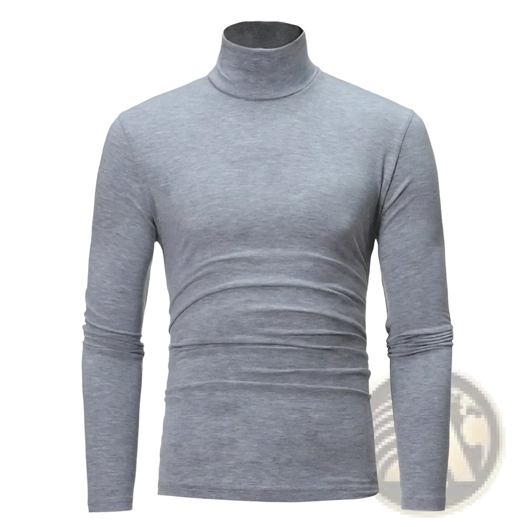 Men’s slim-fitting gray knitted turtleneck sweater with soft textured fabric and subtle horizontal ribbing at the waist