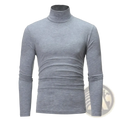 Men’s slim-fitting gray knitted turtleneck sweater with soft textured fabric and subtle horizontal ribbing at the waist
