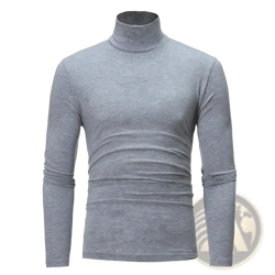 Men’s slim-fitting gray knitted turtleneck sweater with soft textured fabric and subtle horizontal ribbing at the waist