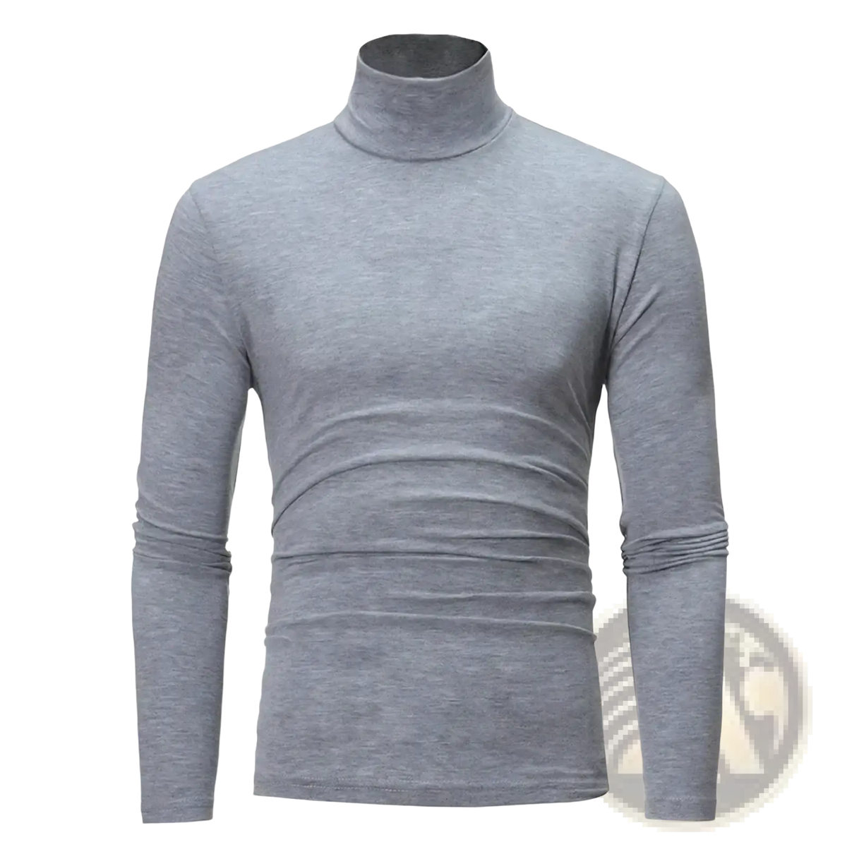 Men’s slim-fitting gray knitted turtleneck sweater with soft textured fabric and subtle horizontal ribbing at the waist