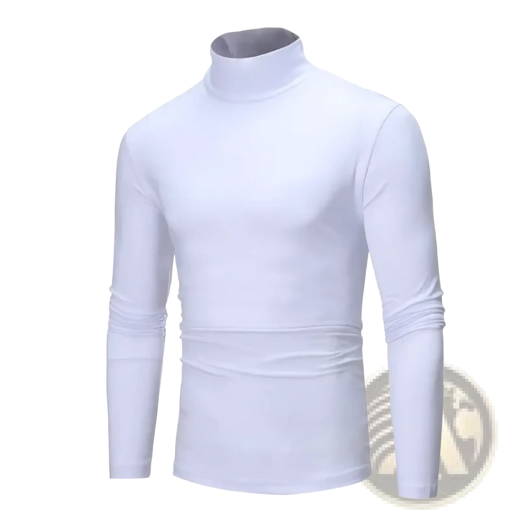 Men’s white long-sleeved turtleneck knitted pullover sweater with smooth, form-fitting fabric for versatile wear