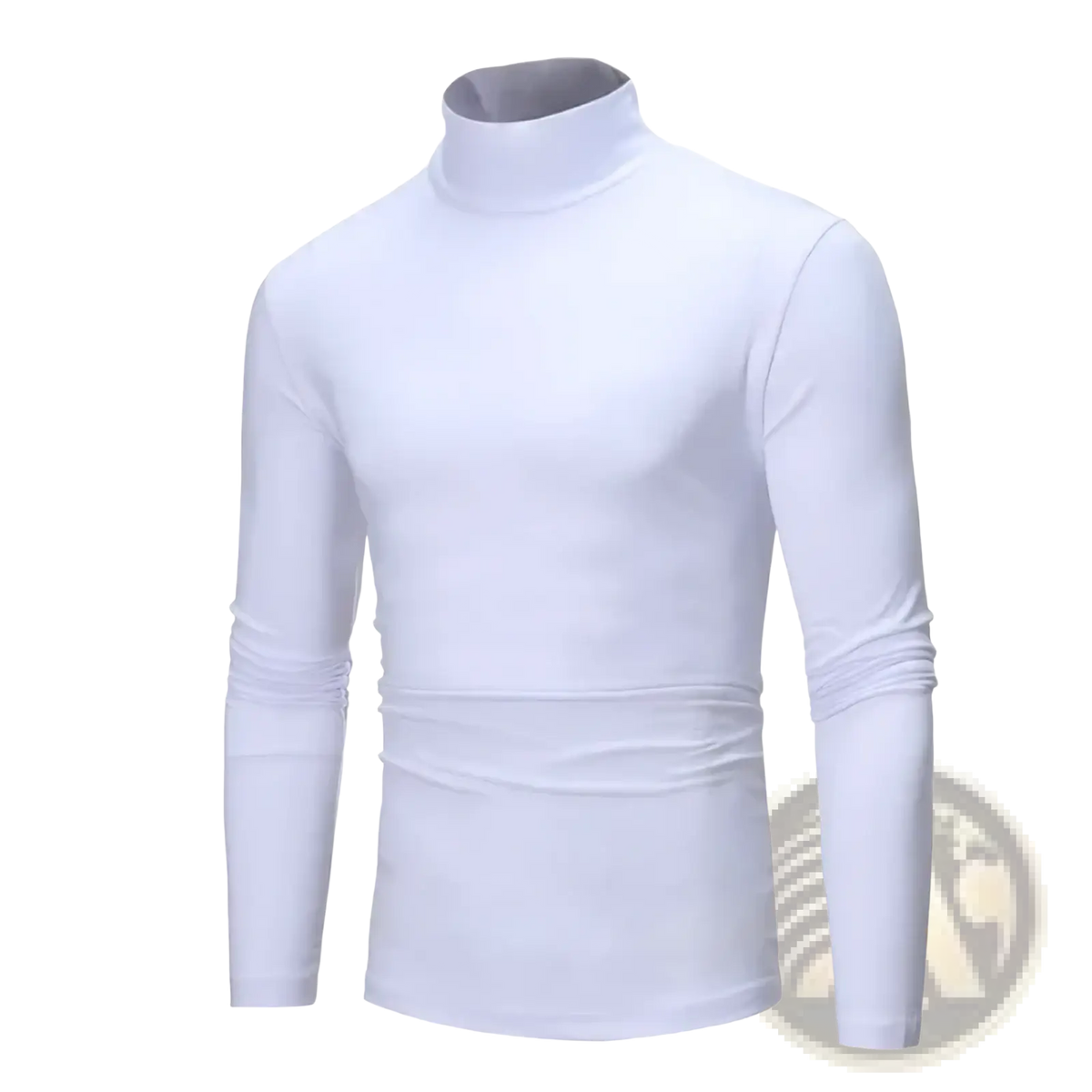 Men’s white long-sleeved turtleneck knitted pullover sweater with smooth, form-fitting fabric for versatile wear