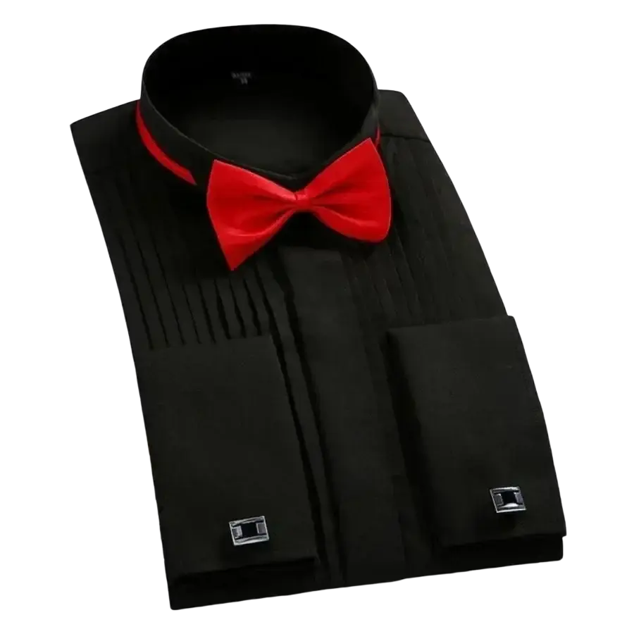 Men’s slim fit black tuxedo shirt with red velvet bow tie and silver cufflinks for wedding party club events
