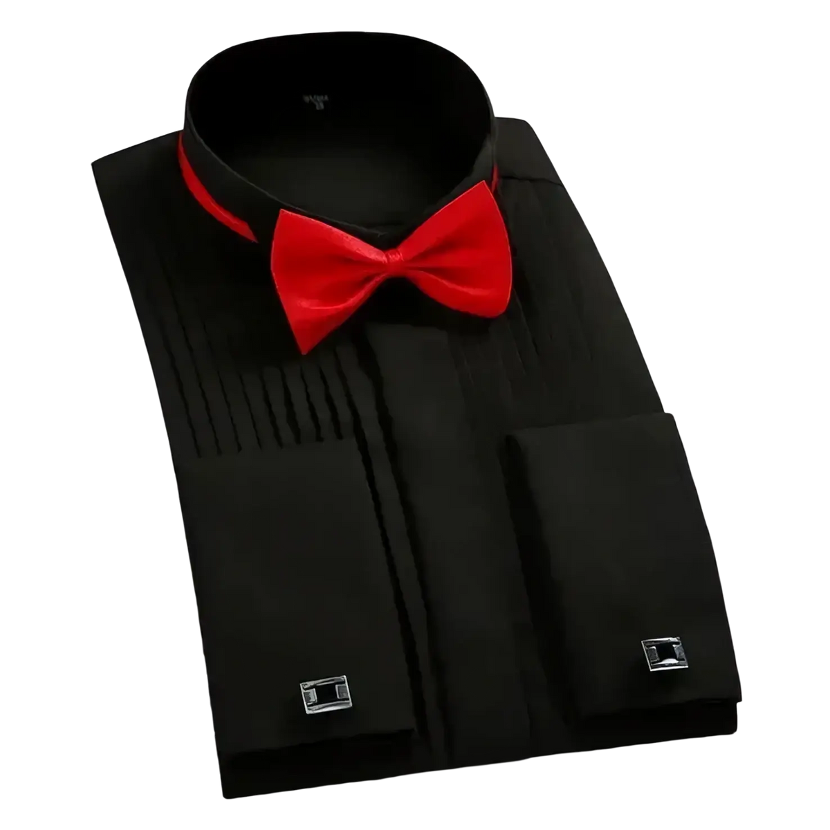Men’s tuxedo shirt slim fit black formal shirt with red satin bow tie and silver cufflinks for wedding party club