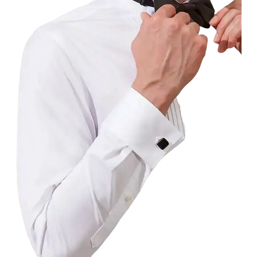 Black square cufflinks on white slim fit tuxedo shirt wristband for men’s wedding party club attire