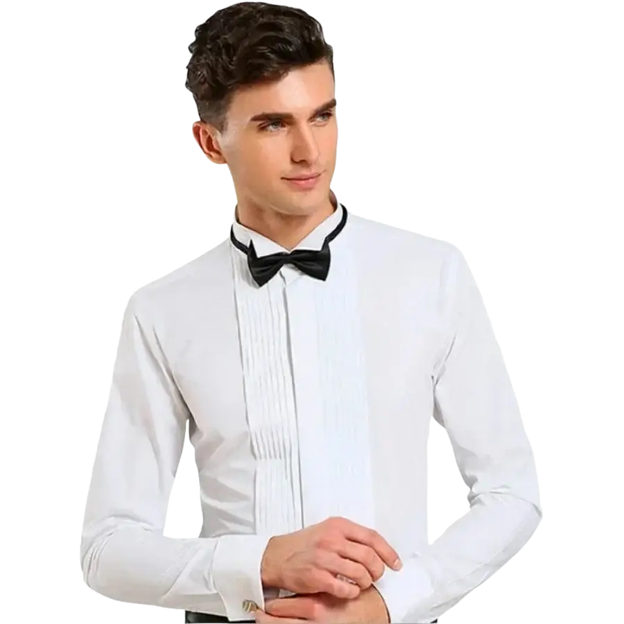 White slim fit tuxedo shirt with black bow tie and pleated front for wedding party club events and formal occasions