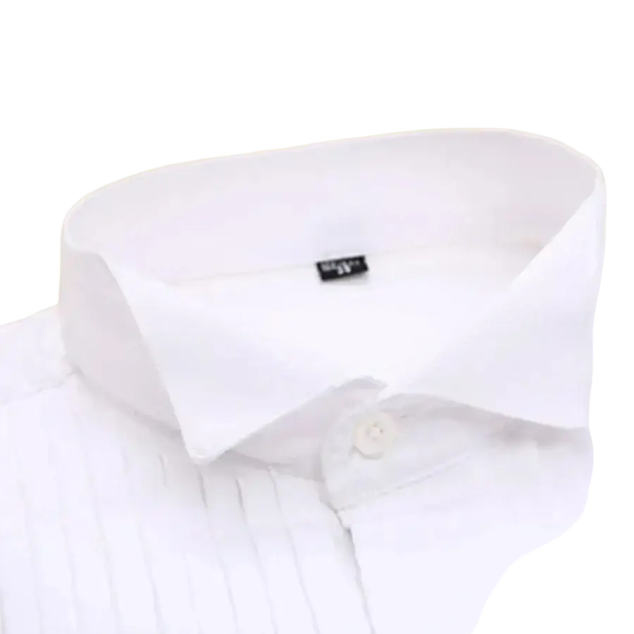 Men’s white tuxedo shirt with structured collar and vertical pleats for slim fit wedding party club events