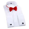 White pleated slim fit tuxedo shirt with red bow tie and black cufflinks for wedding party club events